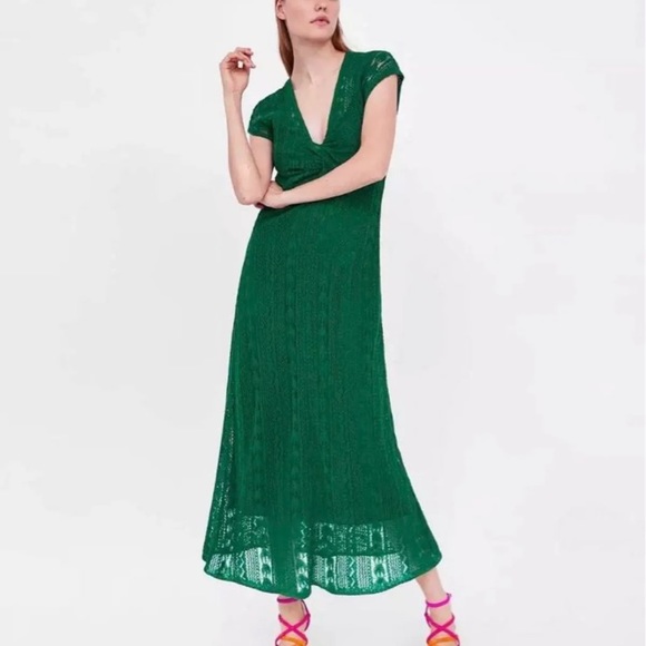 Zara Dresses & Skirts - Zara v neck green crotchet knit maxi Dress medium
